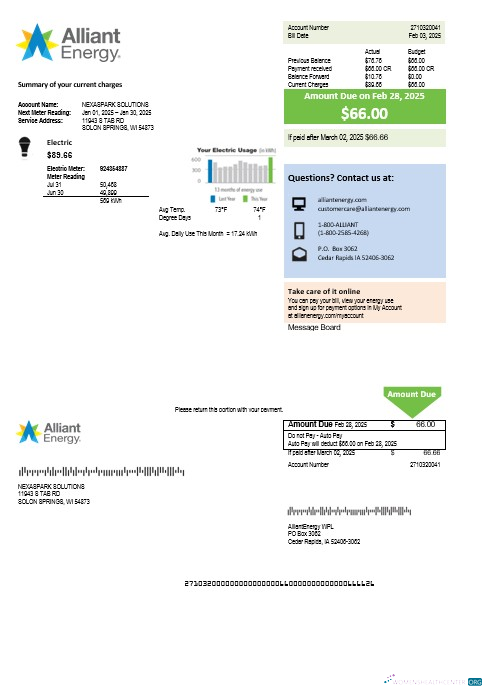 USA Wisconsin Alliant Energy electricity business utility bill template in Word and PDF formats
